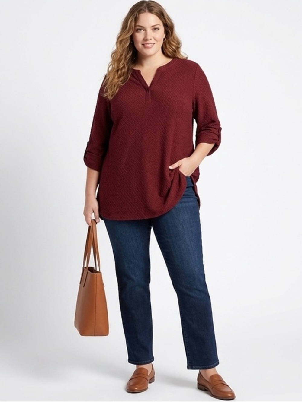 Micheal Studio Burgundy Red Textured Tunic Top Size 20